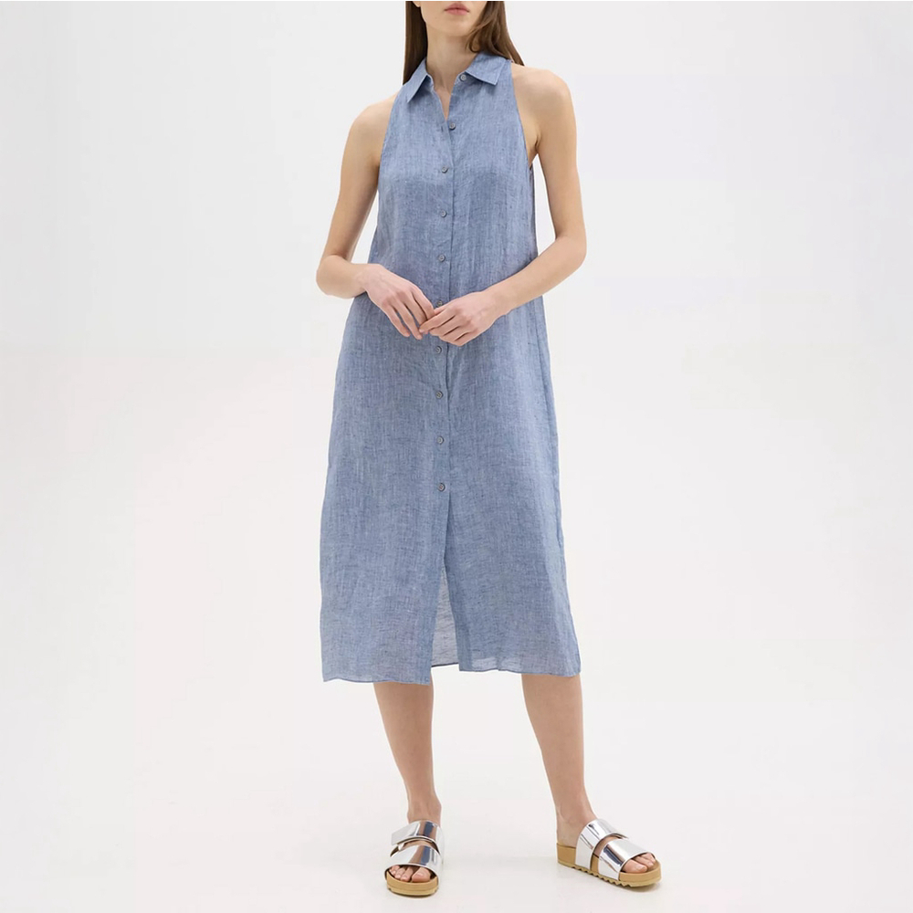 NWT Theory Halter Shirt Dress Midi Blue Summer Chambray Hemp $395 - Size L
